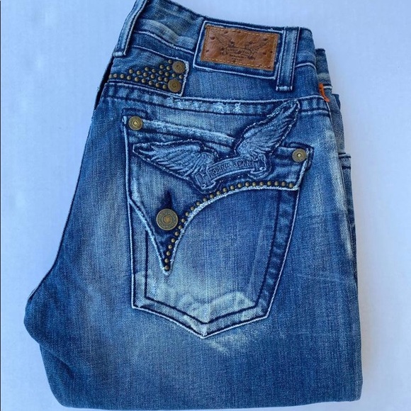 MEN ROBIN’S JEAN LONG FLAP BLUE STUDDED SZ 29